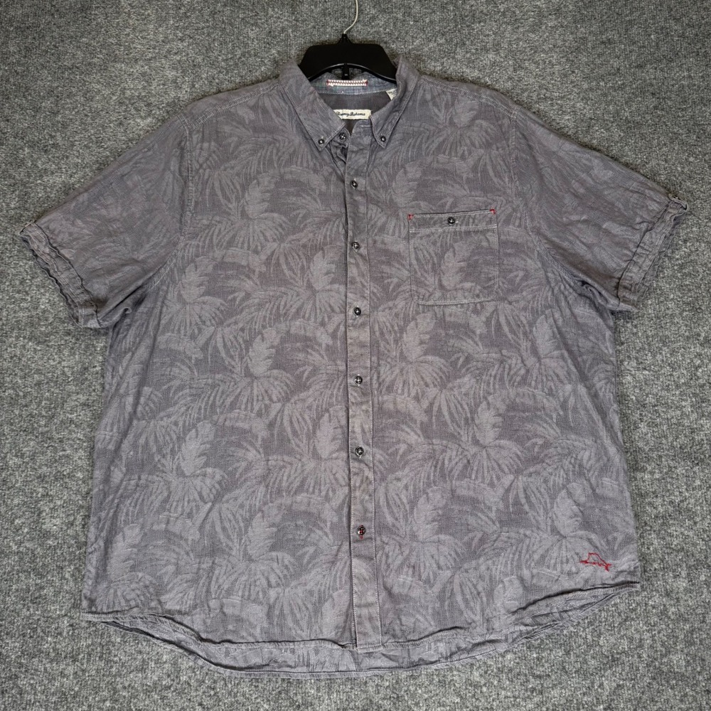 Tommy Bahama Shirt‎ Men's 2XL Grey Palm Tree Print Short Sleeve Button Up XXL